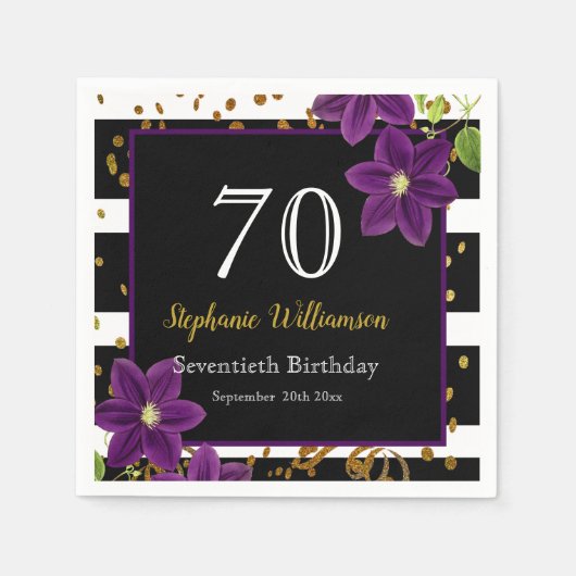 70th Birthday Party |ブラック&金ゴールドグリッター スタンダードカクテルナプキン (正面)