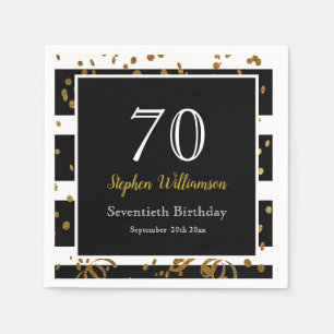 70th Birthday Party ブラック&金ゴールドグリッター スタンダードカクテルナプキン