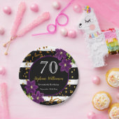 70th Birthday Party |ブラック&金ゴールドグリッター ペーパープレート (パーティー)
