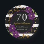 70th Birthday Party |ブラック&金ゴールドグリッター ペーパープレート<br><div class="desc">70th Birthday Party |ブラックと金ゴールドのグリッターデザインと紫のフローラ詳細。これは、テンプレートを追加する準備ができている詳細である。</div>
