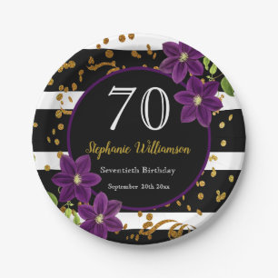 70th Birthday Party ブラック&金ゴールドグリッター ペーパープレート