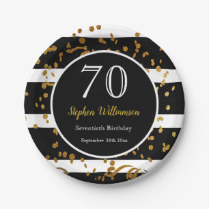 70th Birthday Party ブラック&金ゴールドグリッター ペーパープレート