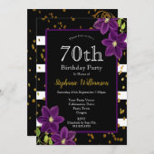 70th Birthday Party |ブラック&金ゴールドグリッター 招待状 (正面/裏面)