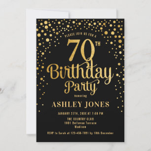70th Birthday Party – ブラック&金ゴールド 招待状