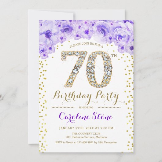 70th Birthday Party – ホワイト金ゴールドパープル 招待状 (正面)