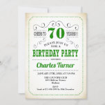 70th Birthday Party -レトロクリーミー白と緑 招待状<br><div class="desc">70歳の誕生日パーティーの招男性へ待または女性。緑エレガントとクリーム色の白の招待状カード。機能レトロタイポグラフィスクリプトフォント。応援70年！任意のカスタマイズ年齢にすることができる。マイルストーンの大人の毎日お祝いに最適。</div>