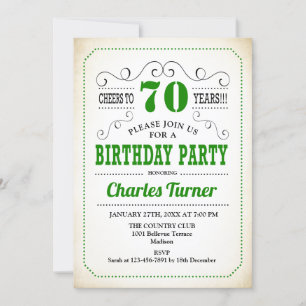 70th Birthday Party -レトロクリーミー白と緑 招待状