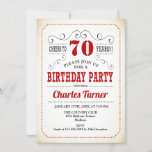 70th Birthday Party -レトロクリーミー白と赤 招待状<br><div class="desc">70歳の誕生日パーティーの招男性へ待または女性。赤エレガントとクリーム色の白の招待状カード。機能レトロタイポグラフィスクリプトフォント。応援70年！任意のカスタマイズ年齢にすることができる。マイルストーンの大人の毎日お祝いに最適。</div>