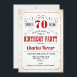 70th Birthday Party -レトロクリーミー白と赤 招待状<br><div class="desc">70歳の誕生日パーティーの招男性へ待または女性。赤エレガントとクリーム色の白の招待状カード。機能レトロタイポグラフィスクリプトフォント。応援70年！任意のカスタマイズ年齢にすることができる。マイルストーンの大人の毎日お祝いに最適。</div>