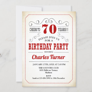 70th Birthday Party -レトロクリーミー白と赤 招待状