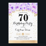 70th Birthday Party -金ゴールド紫の花 招待状<br><div class="desc">70歳の誕生日パーティーの招待状。エレガントデザインのグリッターフェイク金ゴールドとフローラアクセント。招待状カード(スクリプトフォントと紙吹雪)。パステルパープルとホワイト。30日のスタイリッシュお祝いに最適。メッセージもしメッセージはカスタム年齢。</div>