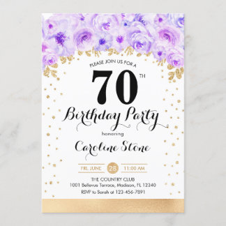 70th Birthday Party -金ゴールド紫の花 招待状