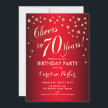70th Birthday Party -金ゴールド赤 招待状<br><div class="desc">女性や男性への70歳の誕生日パーティーの招待。赤エレガントのグリッター金ゴールド箔フェイク効果のデザイン。機能スクリプトフォントと紙吹雪。応援70年！大人のスタイリッシュお祝いに最適。</div>