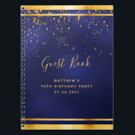 70th Birthday Party 70ダークブルー金ゴールドゲストブック ノートブック<br><div class="desc">彼のために70th誕生日パーティー非公式のゲストブック，少年，ダークブルーの男，ネイビーブルーの背景。青い色が不均一だ。金ゴールドの枠と金フェイクの紙吹雪を振りかけるとともに、黄金色の文字。タイトルGuest Bookは手で書いた書スタイルスモダンクリプト付き。名前のテンプレート、年齢70、日付。</div>