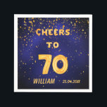 70th birthday party blue金ゴールド応援名 スタンダードカクテルナプキン<br><div class="desc">男のためのナプキン70歳の誕生日パーティー。濃い青の背景とテックス：応援70。文字は書トレンディー金ゴールドのバフェイクルーンスクリプトを使用。濃い青の色が不均一である。黄金の紙吹雪を装飾として。名前と日付のテンプレート。</div>
