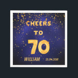 70th birthday party blue金ゴールド応援名 スタンダードカクテルナプキン<br><div class="desc">男のためのナプキン70歳の誕生日パーティー。濃い青の背景とテックス：応援70。文字は書トレンディー金ゴールドのバフェイクルーンスクリプトを使用。濃い青の色が不均一である。黄金の紙吹雪を装飾として。名前と日付のテンプレート。</div>