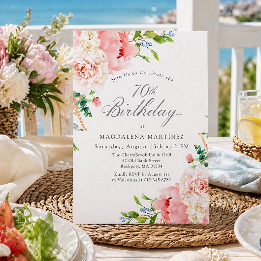 70th Birthday Party Feminine Pink Roses Floral 招待状