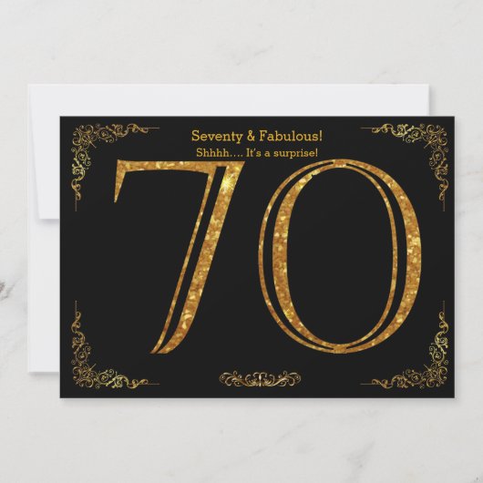70th Birthday party, Gatsby styl，ブラック金ゴールドグリッター 招待状 (正面)
