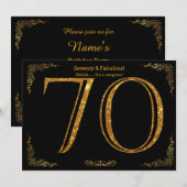 70th Birthday party, Gatsby styl，ブラック金ゴールドグリッター 招待状 (正面/裏面)