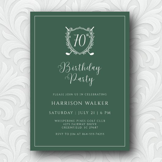 70th Birthday Party Golf Crest Elegant Script Sage 招待状