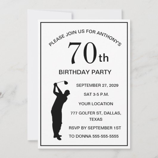 70th Birthday Party Golfer Black Par Dad Golf 招待状 (正面)