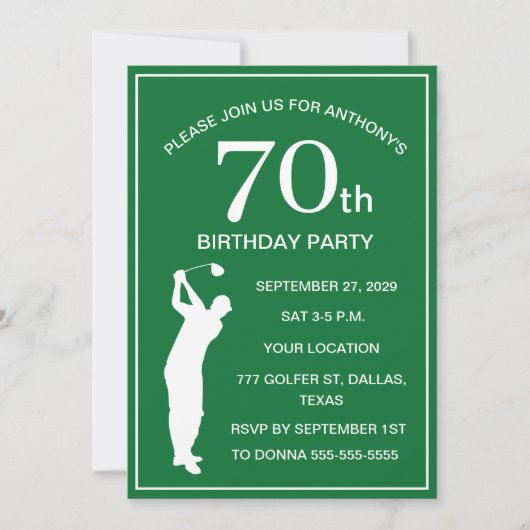 70th Birthday Party Golfer Green Par Dad Golf 招待状 (正面)