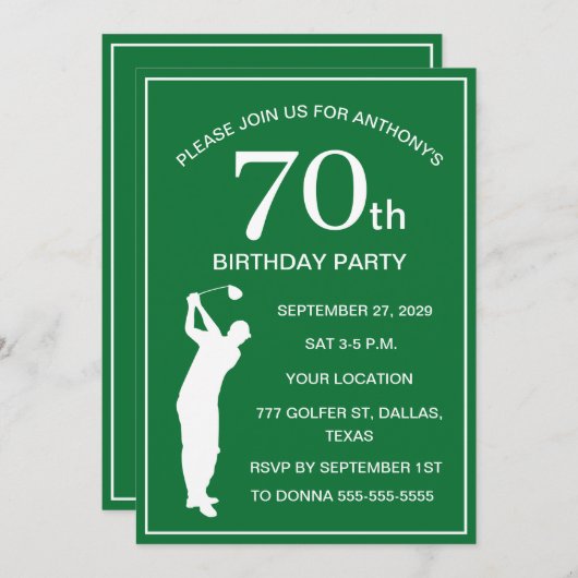 70th Birthday Party Golfer Green Par Dad Golf 招待状 (正面/裏面)