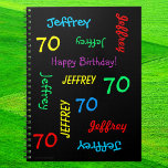 70th Birthday Party Guest Book, Repeat Name Black ノートブック<br><div class="desc">70歳の誕生日パーソナライズされたパーティーやその他の大事な行事のための素敵なスパイラルのノートのゲストブック。表紙では、名前と年齢が黒い背景の違うフォントと原色で繰り返し表示される。パーソナライズする簡単 – 名前、年齢、大事な行事を1か所で変更。最大9個の名前をサポートキャラクター。カラフルとおもしろい誕生日パーティーゲストブック – 任意の名前、任意の年齢に変更する簡単。All Rights Reserved © 2014 Alan & Marcia Socolik.</div>