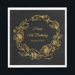 70th Birthday Party Luxe金ゴールドバラブラックカクテル スタンダードランチョンナプキン<br><div class="desc">バラエレガント金ゴールドフローラ70歳の紙ナプキンスはかわいらし、緑豊かな金ゴールドバラリースに囲まれた台本の書道を特徴とする。黒い背景ポップ・アートのに対するバラ。背景色は実際には任意の色に変更できる。すべての文字を編集できる。このアイテムはLuxe金ゴールドバラコレクションの一部である。招待状スイートの作成に使用できるDIYテンプレートと一致するユニークパーティーデコレーションが含まれている。</div>