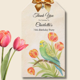 70th Birthday Party Parakeet with Tulips ギフトタグ
