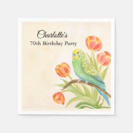 70th Birthday Party Parakeet with Tulips  スタンダードカクテルナプキン