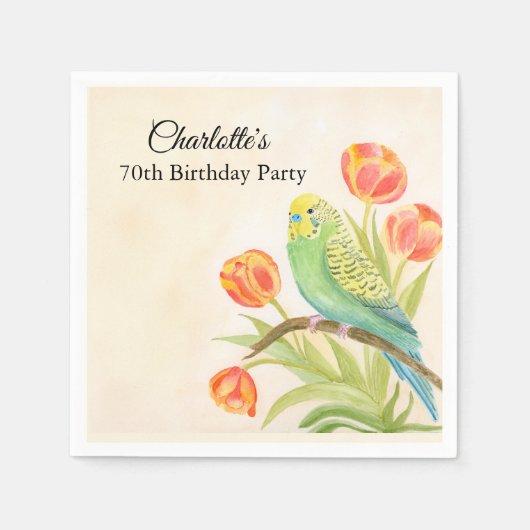 70th Birthday Party Parakeet with Tulips  スタンダードカクテルナプキン (正面)