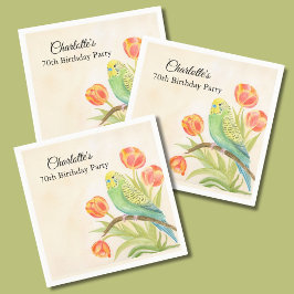 70th Birthday Party Parakeet with Tulips スタンダードカクテルナプキン