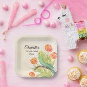 70th Birthday Party Parakeet with Tulips  ペーパープレート (パーティー)