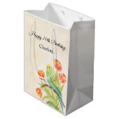 70th Birthday Party Parakeet with Tulips  ミディアムペーパーバッグ (裏面アングル)