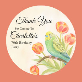 70th Birthday Party Parakeet with Tulips ラウンドシール