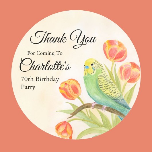 70th Birthday Party Parakeet with Tulips ラウンドシール