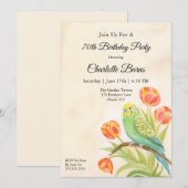 70th Birthday Party Parakeet with Tulips  招待状 (正面/裏面)
