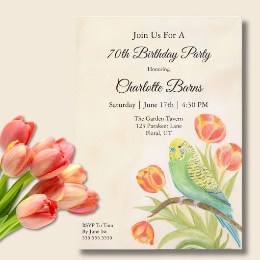 70th Birthday Party Parakeet with Tulips  招待状