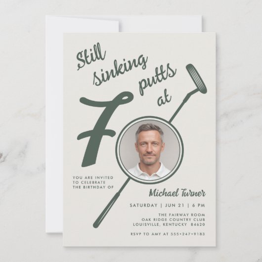 70th Birthday Party Photo Modern Golf Putter Green 招待状 (正面)