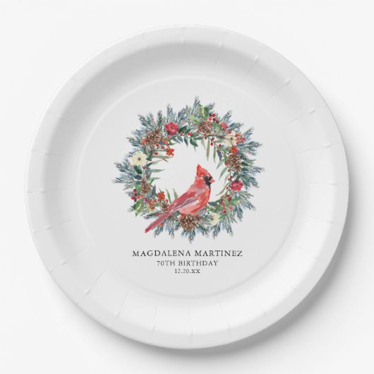 70th Birthday Party Red Cardinal Wreath Custom ペーパープレート (正面)