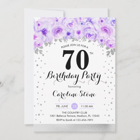 70th Birthday Party - Silver Purple Flowers 招待状 (正面)