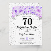 70th Birthday Party - Silver Purple Flowers 招待状 (正面/裏面)