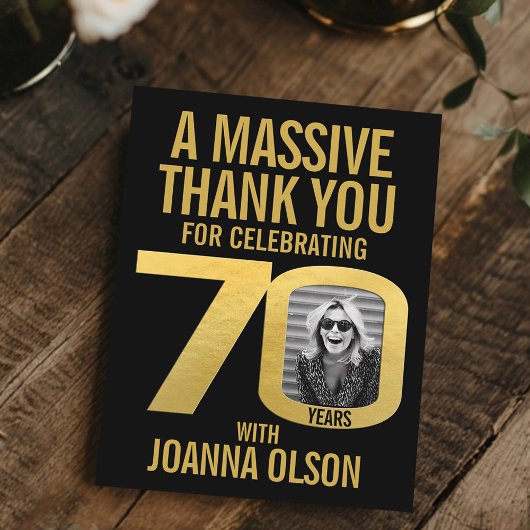 70th birthday photo black and gold サンキューカード