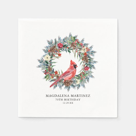 70th Birthday Red Cardinal Wreath Custom Cocktail スタンダードカクテルナプキン (正面)