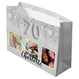 70th birthday silverグリッター写真 ラージペーパーバッグ