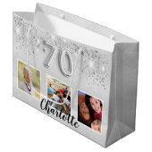 70th birthday silverグリッター写真 ラージペーパーバッグ (正面アングル)