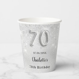 70th birthday silverグリッター名エレガント 紙コップ