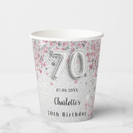 70th birthday silver pinkグリッター名 紙コップ