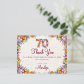 70th Birthday Thank You – Elegant Floral Design ポストカード (スタンド正面)